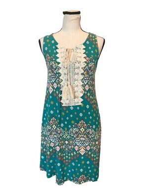 Everly Small Boho Shift Dress Teal Crochet Tassel Sleeveless Tribal Print